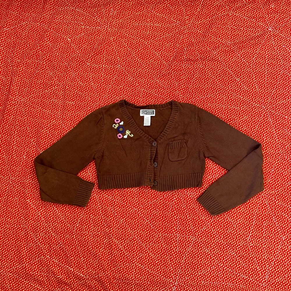 Route 66 Brown Cropped Cardigan Sweater Embroidered Flowers Small